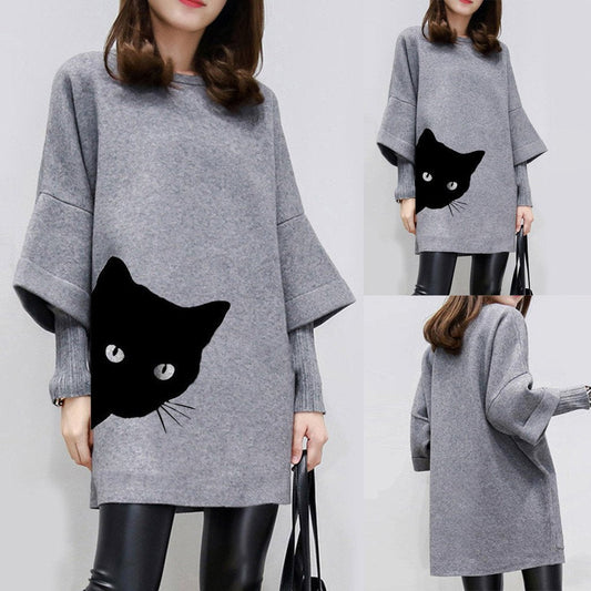 Women Fashion O-neck Cat Print Patchwork Loose Short Long Sleeve Dress dress women ropa mujer of women 2019