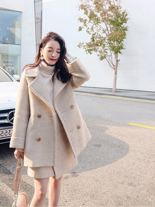 2019 Winter Women Wool Coat With Skirt Two-piece Sets Solid Button Pocket Long Sleeve Women Jacket And Warm Coat Female Overcoat